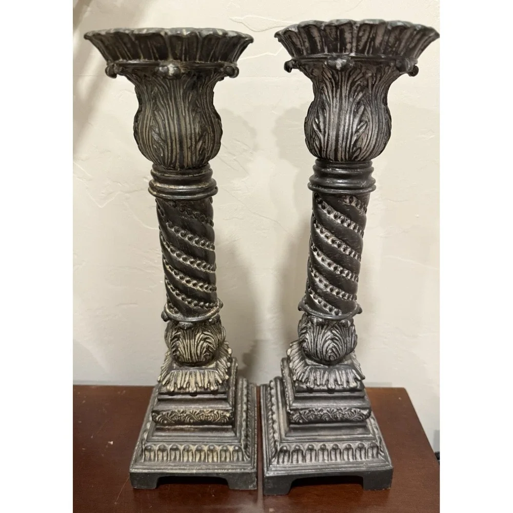 Pair Of Vintage Carved Black‎ Distressed Candle Pillars Holders 14